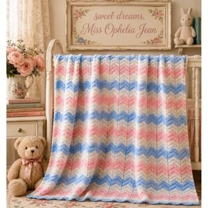 Vintage Hand Crocheted Chevron Baby Blanket Afghan Pink Blue White 46" x 34"